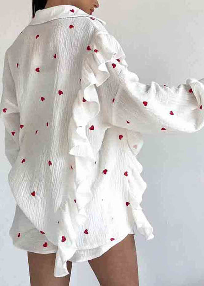 Italian White Ruffled Love Print Cotton Pajamas Two Pieces Set Summer