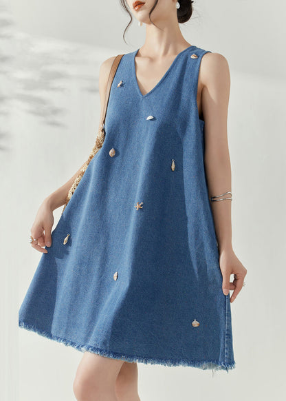 Casual Blue V Neck Holiday Denim Mid Dress Summer