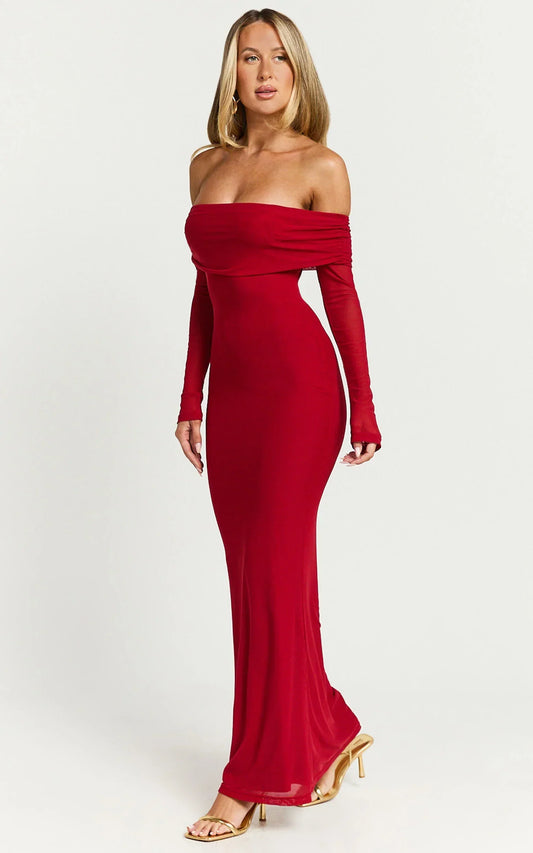 Bethanie Maxi Dress - Off The Shoulder Mesh Dress In Red