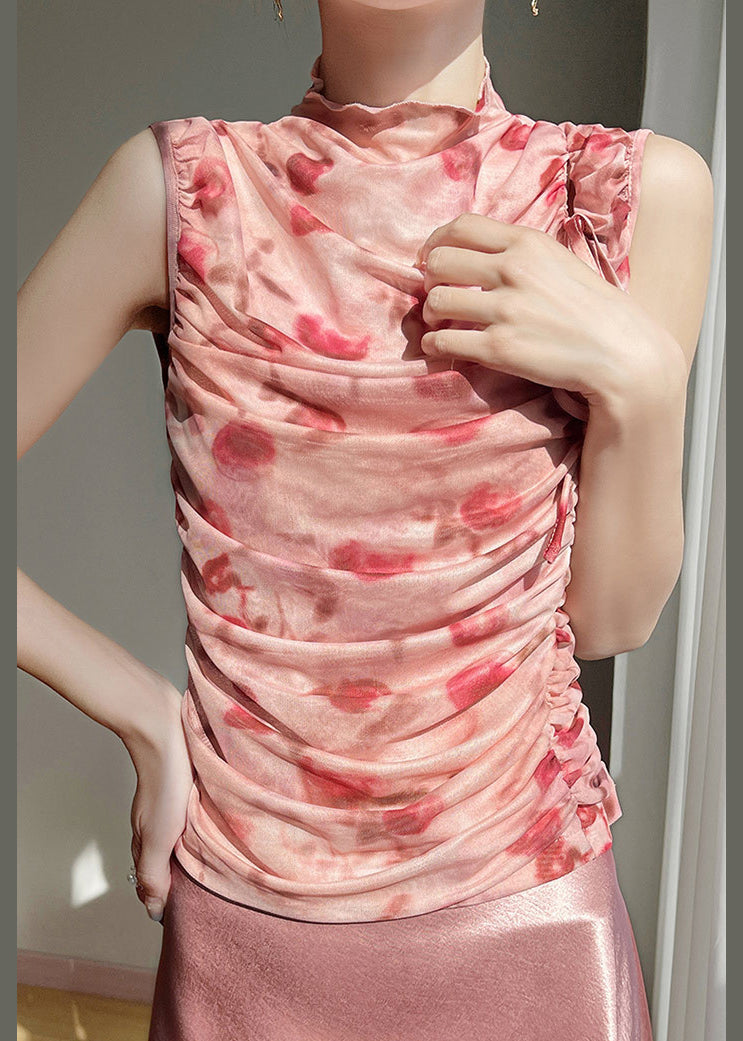 Beautiful Pink Print Wrinkled Lace Up Tulle Tops Sleeveless