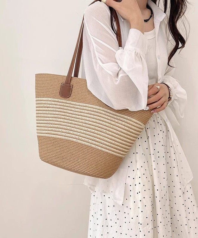 Unique Khaki Striped Large Capacity Straw Woven Shoulder Bags