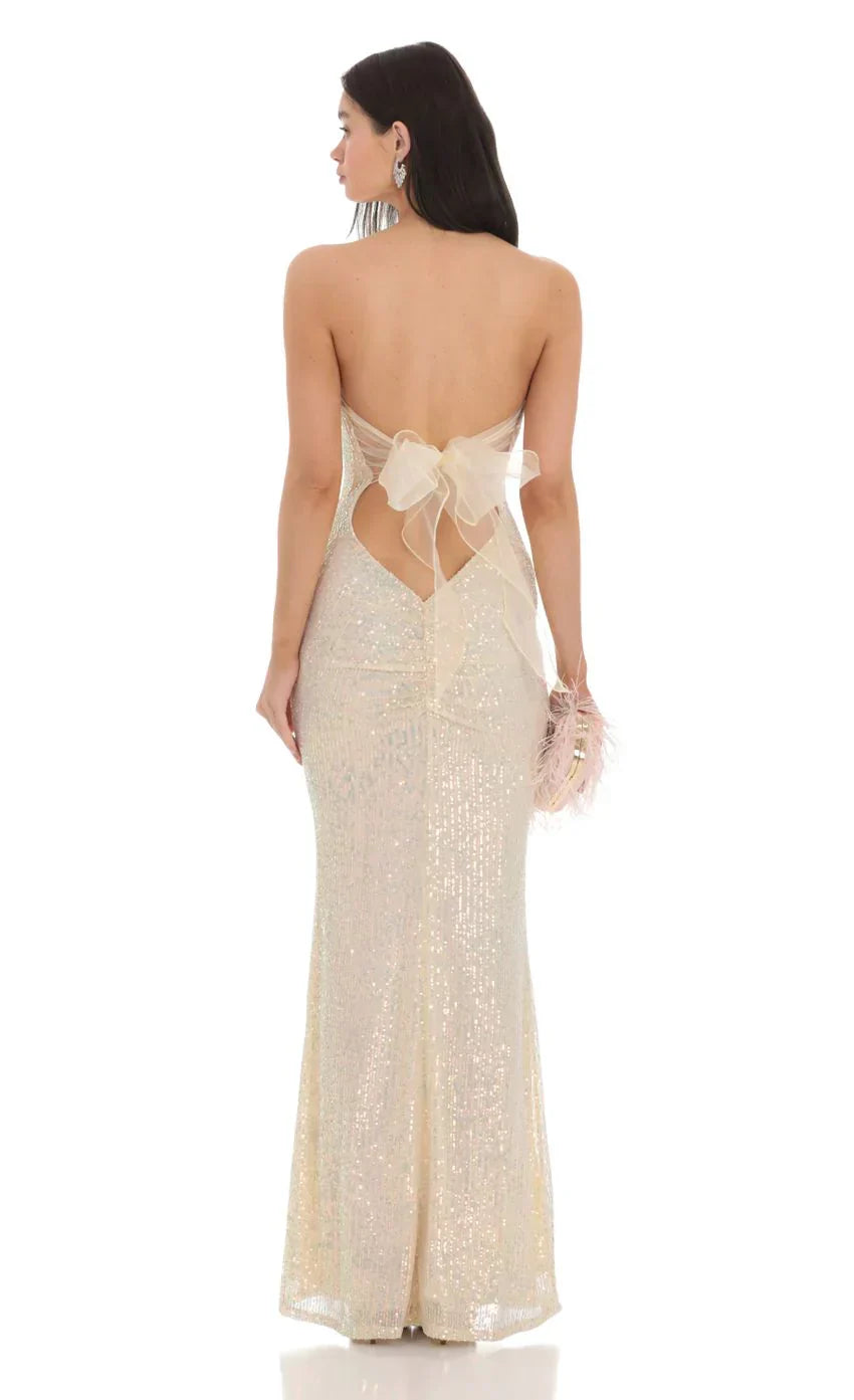 Iridescent Sequin Strapless Maxi Dress In Champagne