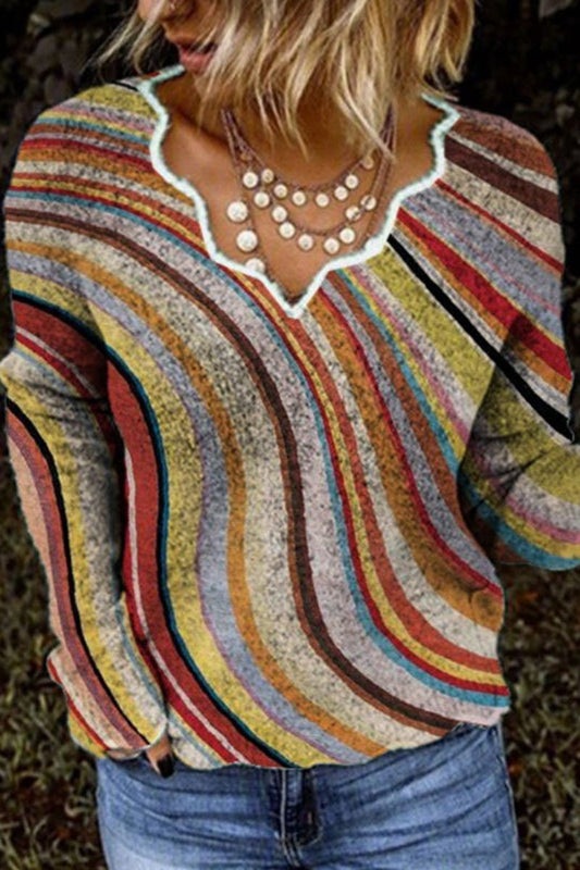Striped Sweetheart Neck Casual Sweater
