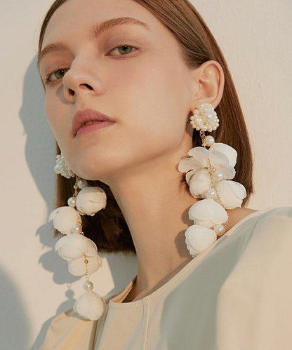 Women Purple Flower Tasseled Pearl Drop Earrings