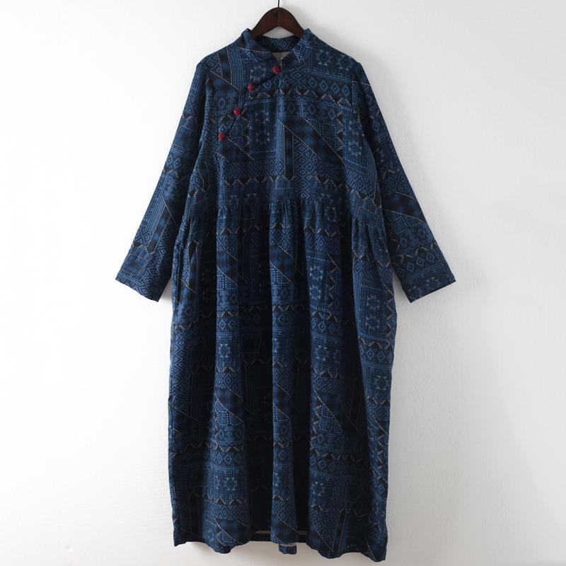 Blue Loose Vintage Button  Linen Print Dress