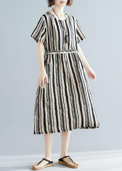 DIY o neck drawstring dress Sewing black striped Dresses summer