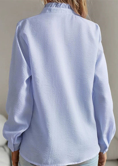 Blue Solid Shirt Ruffled Patchwork Puff Sleeve