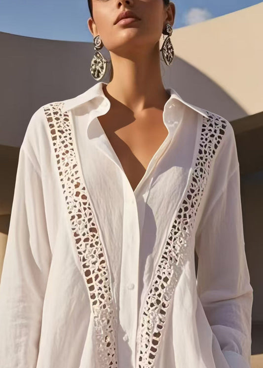 Chic White Oversized Patchwork Hollow Out Cotton Shirts Spring