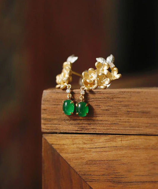 Vintage Green StCopper Zircon Jade Floral Tasselud Earrings