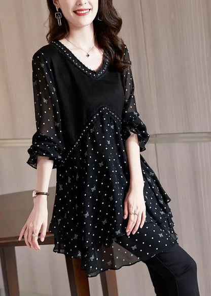 Stylish Black V Neck Dot Print Patchwork Chiffon Shirt Flare Sleeve