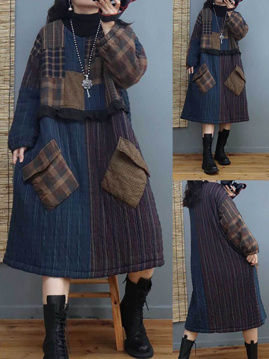 Women Thick Plaid Large Pocket Round Neck Padded Dress