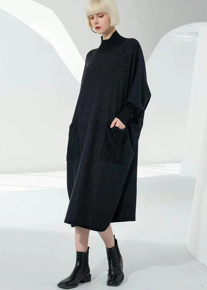 Elegant Coffee Turtle Neck Patchwork Pockets Wool Sweater Dress Long Sleeve