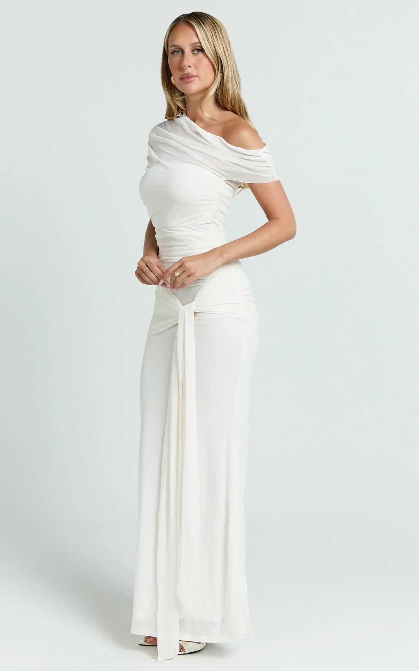 Nicolette Maxi Dress - Cape Sleeve Off Shoulder Dress In Cream