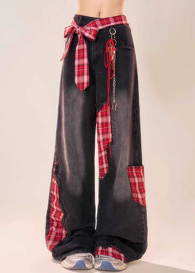 Vintage Black Bow Plaid Patchwork Denim Wide Leg Pants Summer