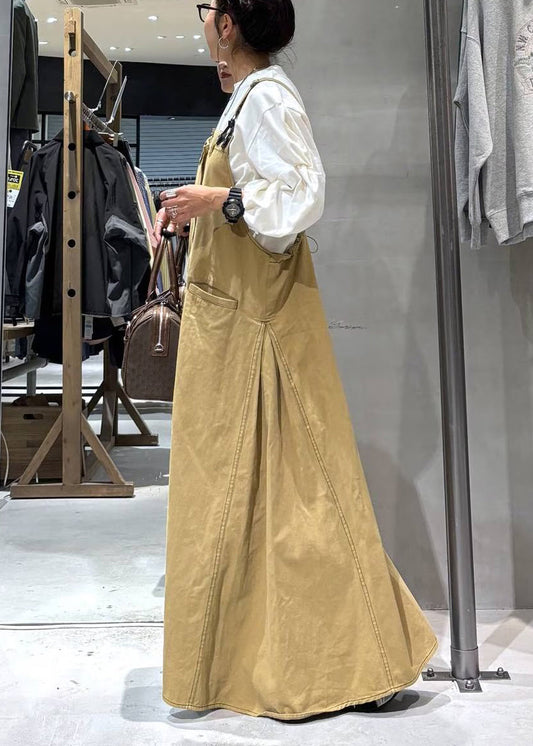 DIY Khaki Oversized Pockets Denim Cami Dress Summer
