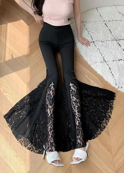 Modern Black Tummy Control Patchwork Lace Flared Trousers Spring