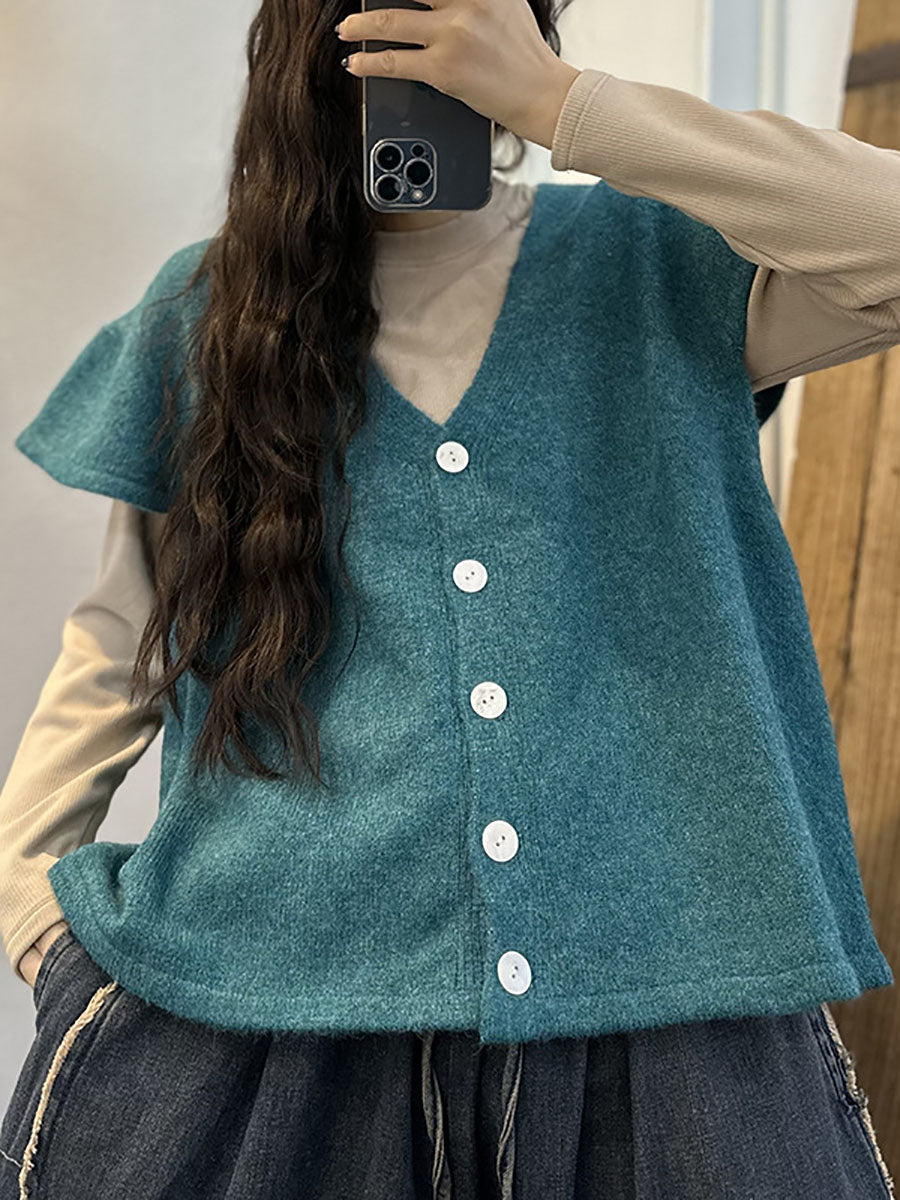 Women Artsy Knitted Button Solid Sleeve Vest