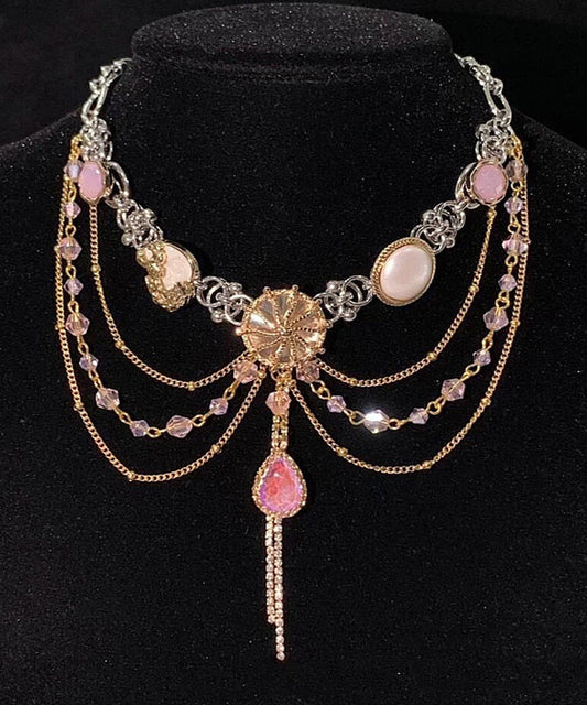 Modern Pink Alloy Gem Stone Multi-Layer Tassel Pendant Necklace
