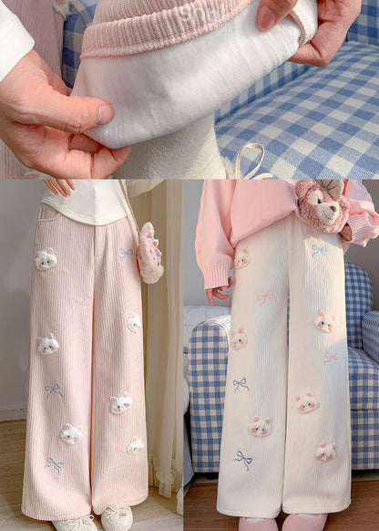 Cute White Cat Decorated Embroidered Warm Fleece Pants Winter