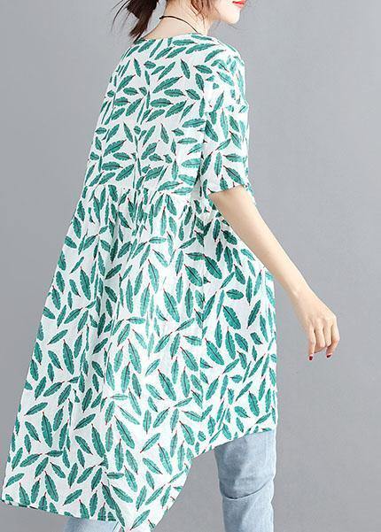 Handmade o neck asymmetric cotton linen dresses green print Dresses summer