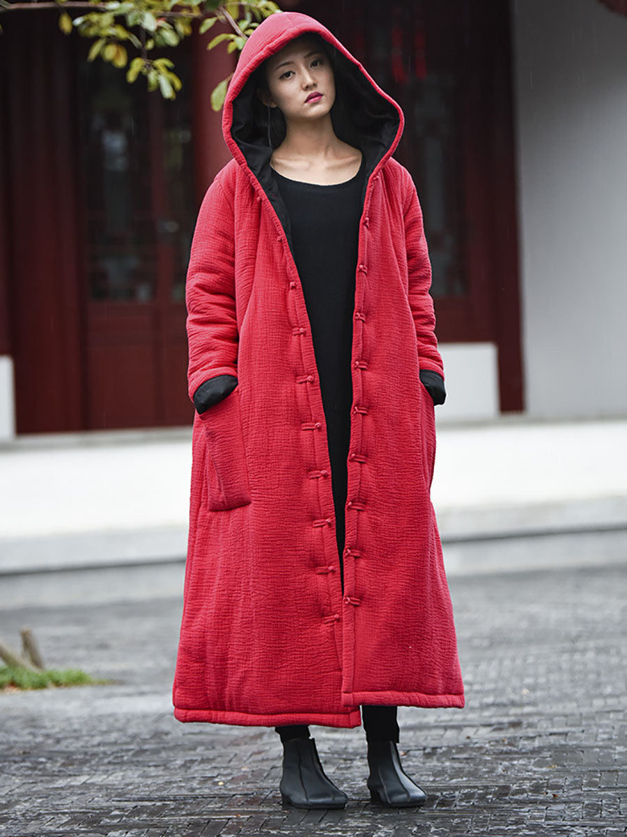 Women Winter Vintage Solid Frog Pocket Hooded Long Coat