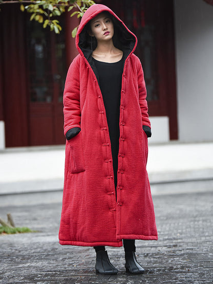 Women Winter Vintage Solid Frog Pocket Hooded Long Coat