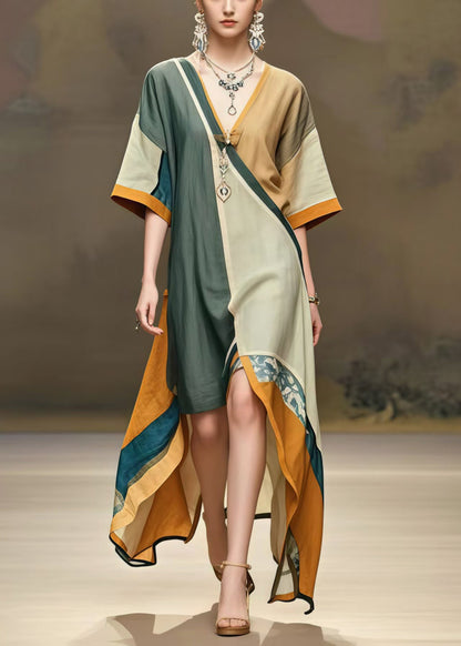 Women Colorblock Asymmetrical Cotton Maxi Dress Summer
