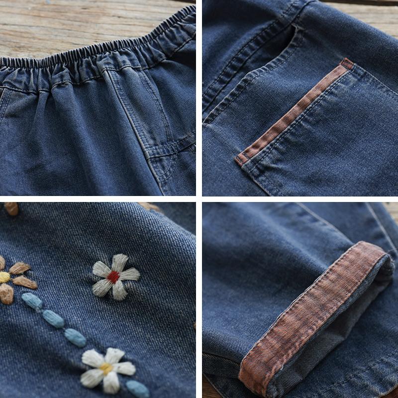 Floral Embroidery Loose Retro Casual Cotton Denim Pants