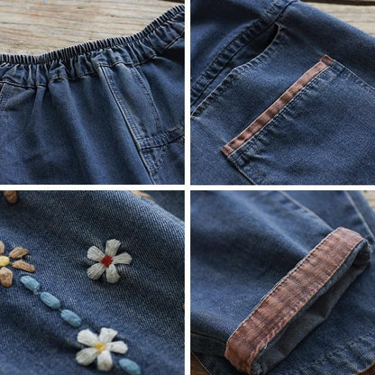 Floral Embroidery Loose Retro Casual Cotton Denim Pants