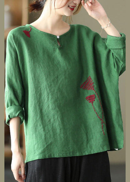 Plus Size Green Loose Embroideried Fall cotton blend Shirt Tops Long Sleeve
