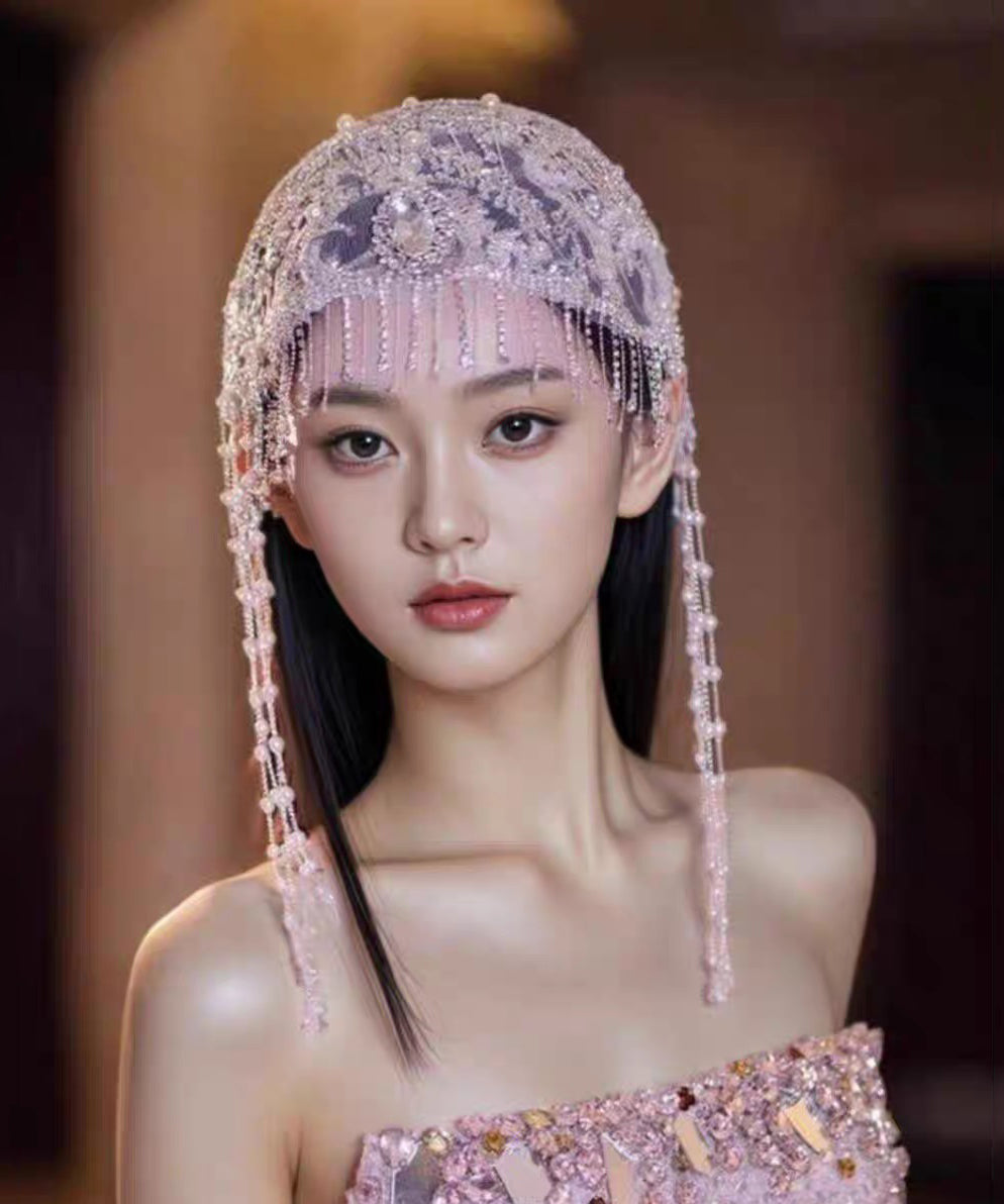 Beautiful Purple Tulle Zircon Hollow Out Beading Tassel Hair Accessory