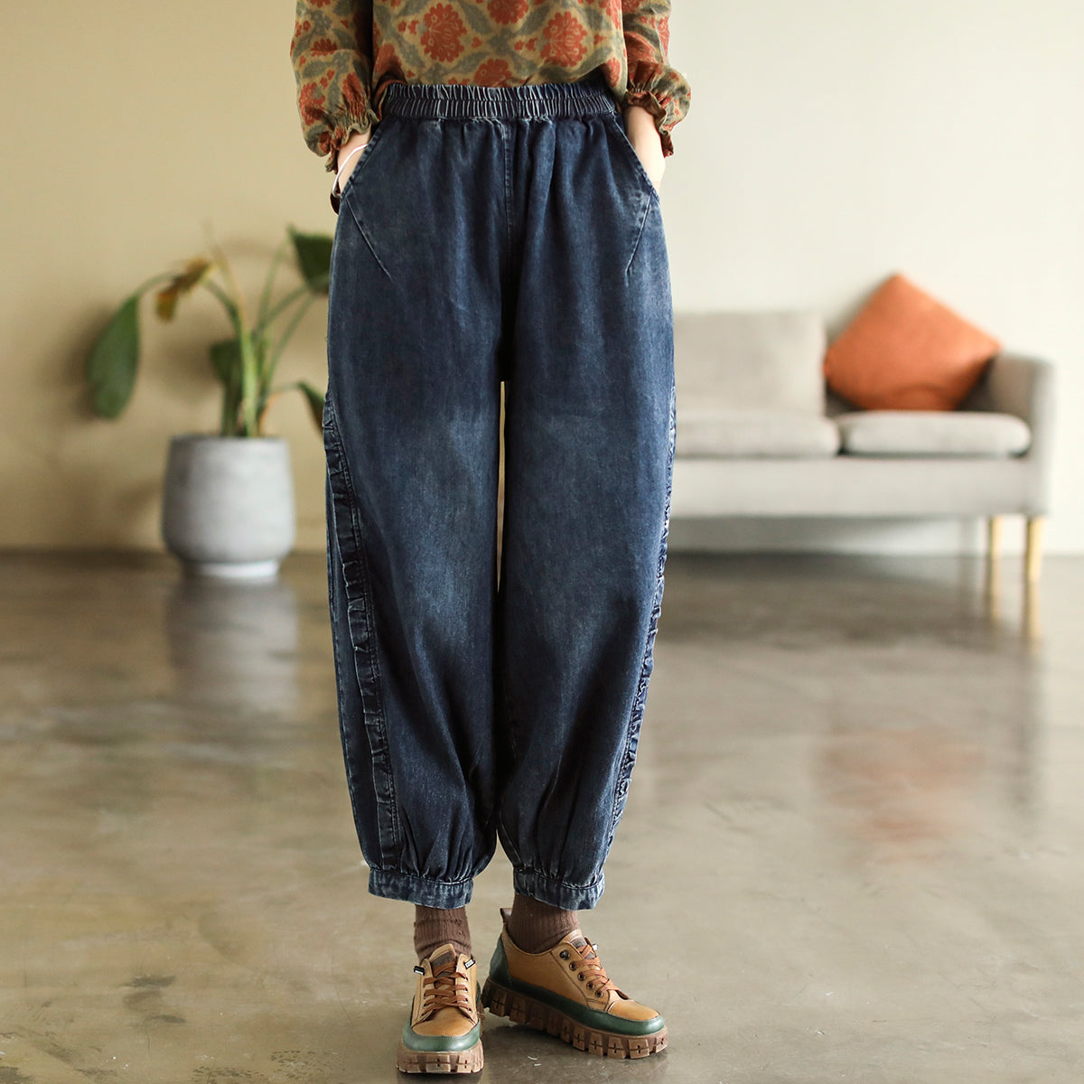 Women Loose High Waist Autumn Cotton Jeans