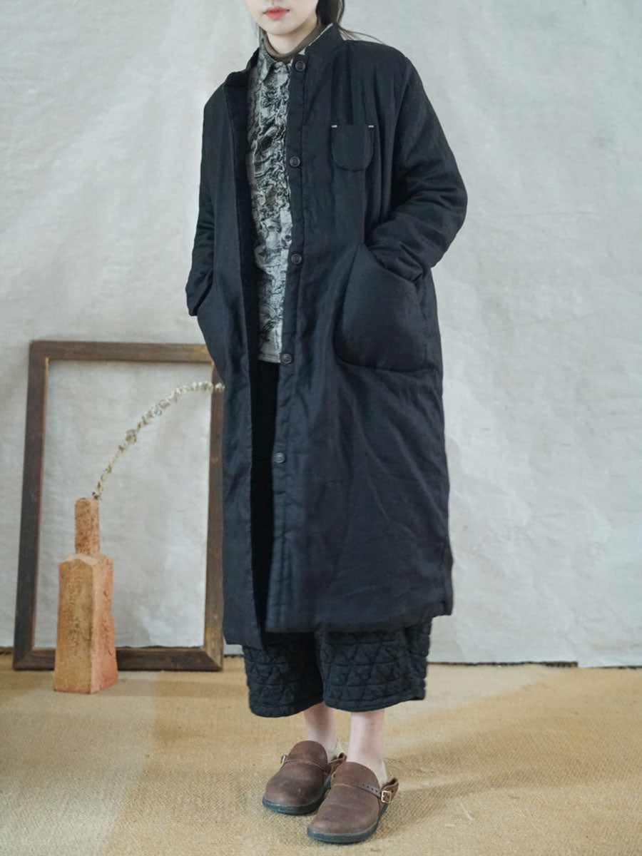 Women Winter Casual Button Pocket Solid Padded Coat