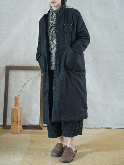 Women Winter Casual Button Pocket Solid Padded Coat