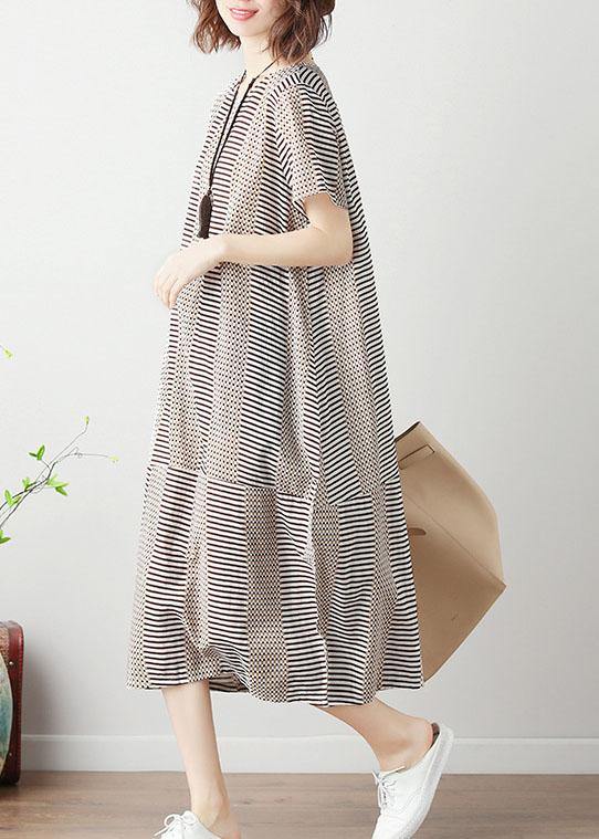 Bohemian light khaki striped Cotton tunics for women o neck patchwork cotton summer Dress