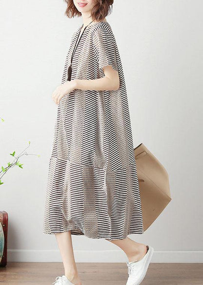 Bohemian light khaki striped Cotton tunics for women o neck patchwork cotton summer Dress