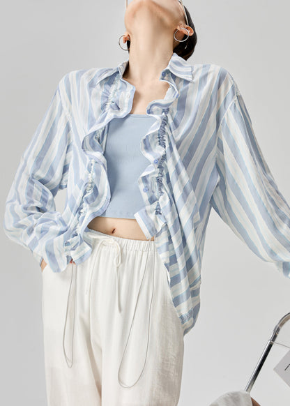 Loose Blue Peter Pan Collar Striped Drawstring Cotton Shirts Fall