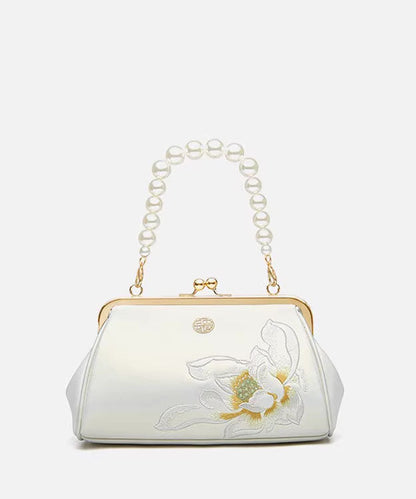 Chinese White Embroidered Cowhide Pearl Crossbody Handbag
