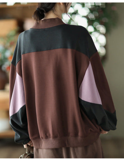 Retro Color-Blocking Loose Long-Sleeved Casual Literary Jacket