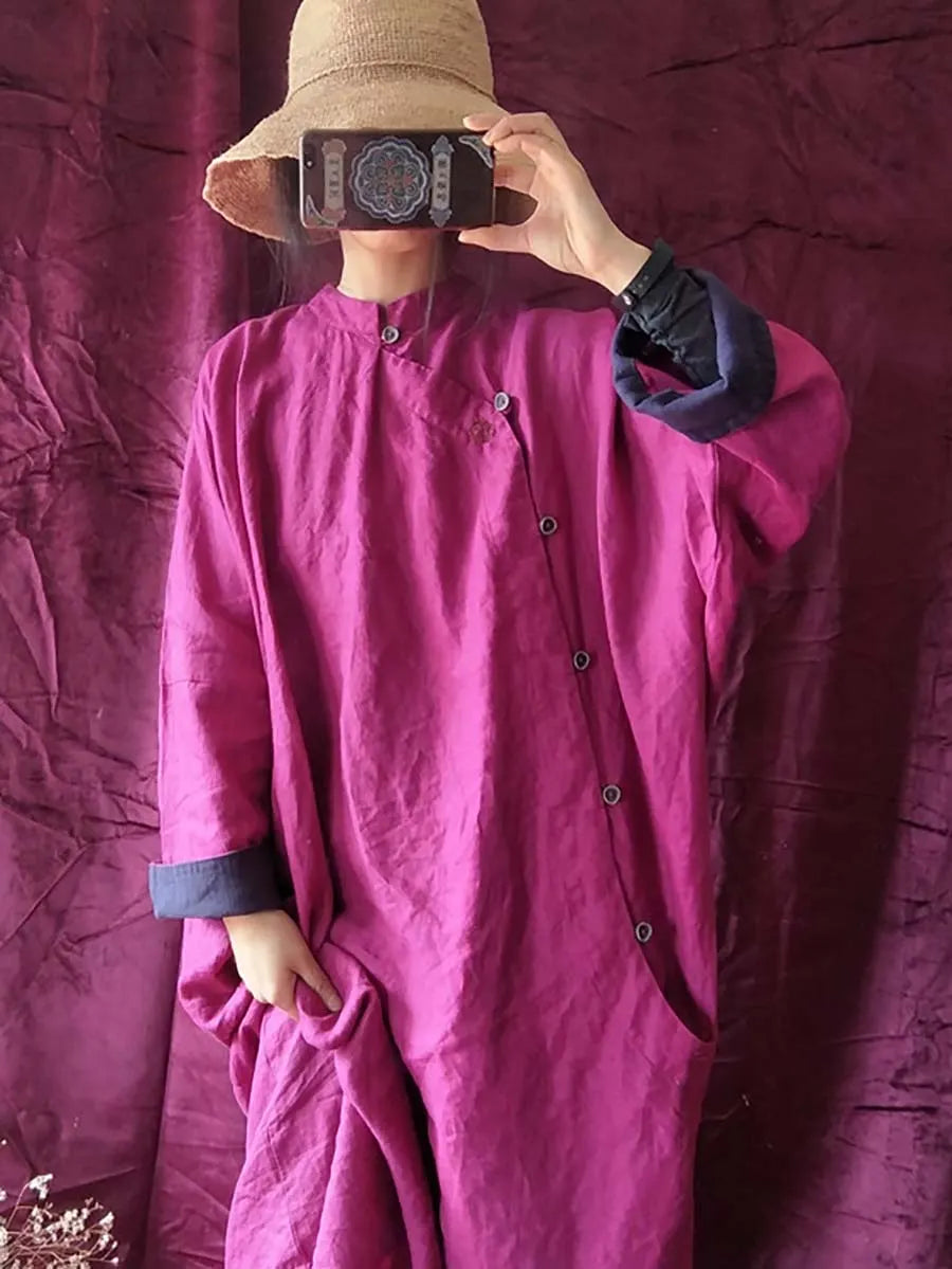 Vintage Solid Embroidery Linen Breasted Loose Dress