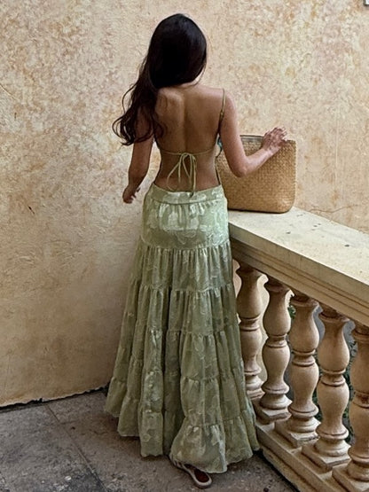 Light Green Jacquard Open-Back Tiered Maxi Dress Set