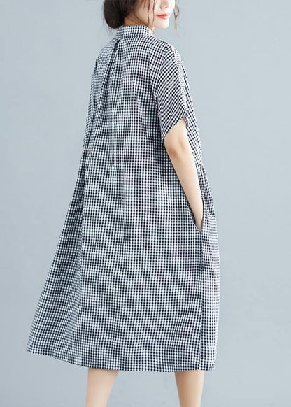 Plus Size Black White Plaid Cotton Pockets Summer Dress