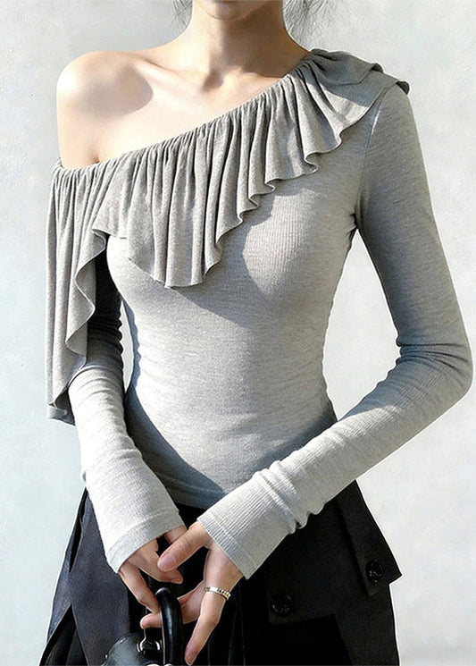 Beautiful Grey One Shoulder Ruffles Cotton Tops Spring