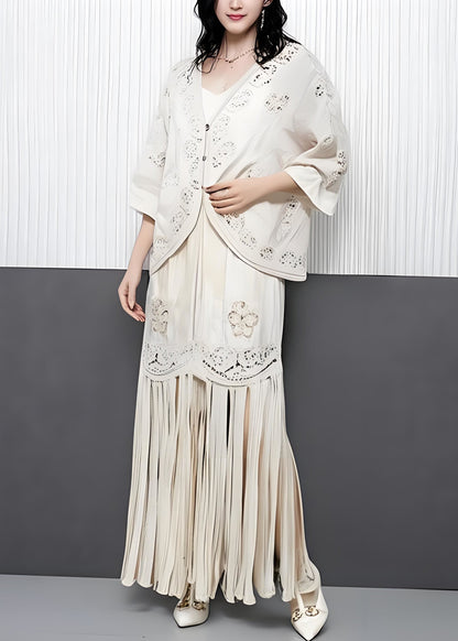 Modern Beige Tasseled Hollow Out Embroidered Cotton Two Pieces Set Summer