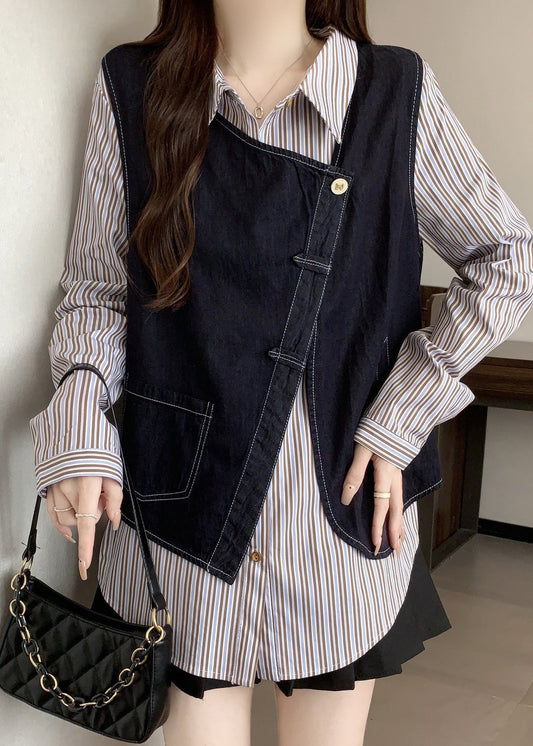Plus Size Asymmetrical Striped Cotton Fake Two Piece Top Fall