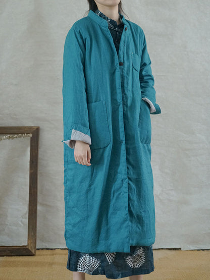 Women Winter Casual Button Pocket Solid Padded Coat