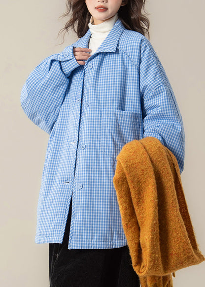 Plaid Light Blue Button Pockets Cotton Filled Shirts Parkas Spring