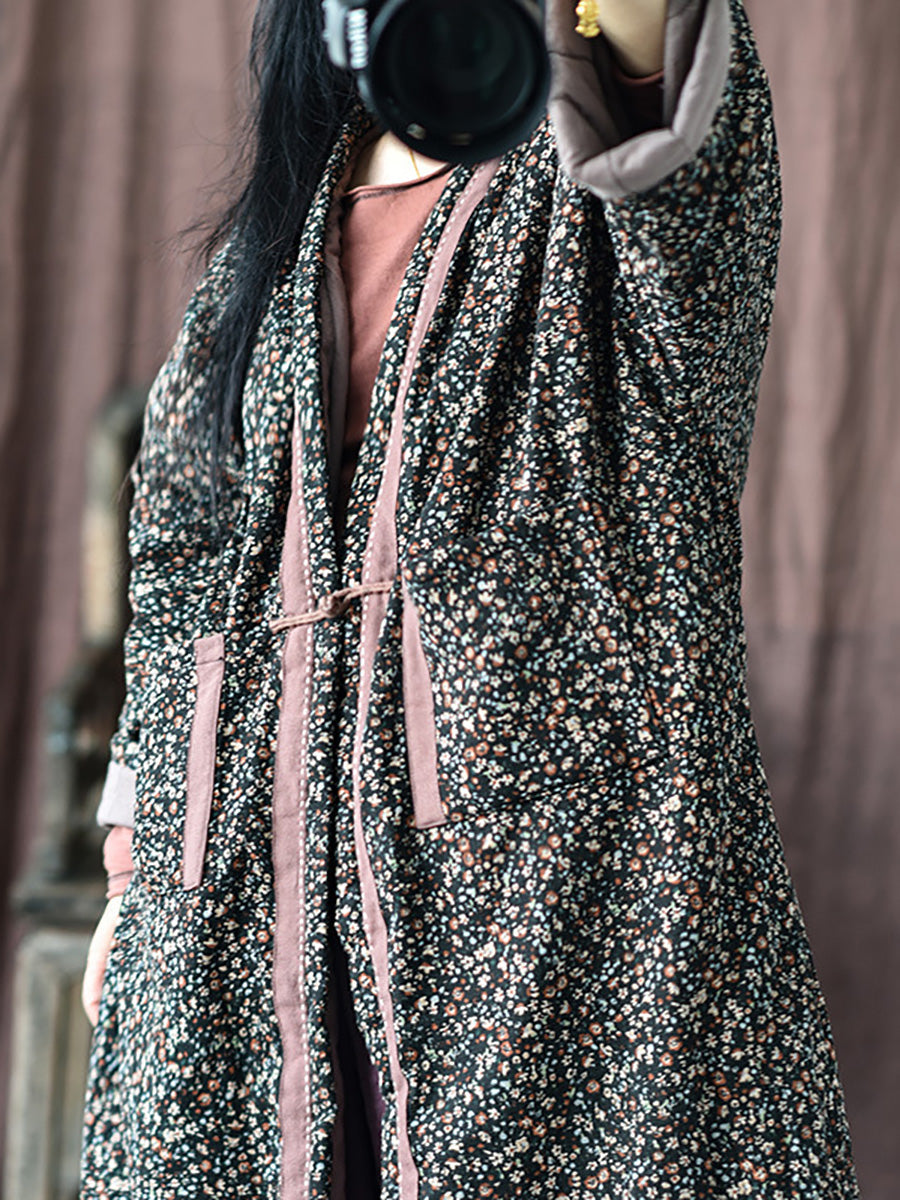 Women Vintage Winter Warm Floral Pocket Print Coat