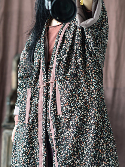 Women Vintage Winter Warm Floral Pocket Print Coat
