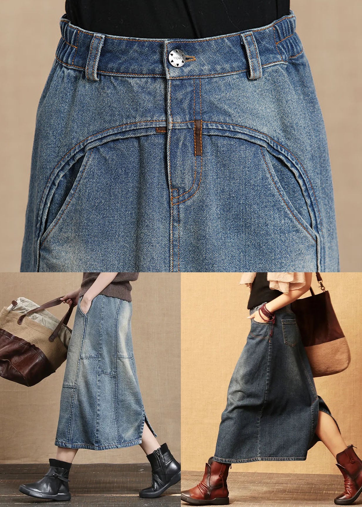 Unique Light Blue Elastic Waist Pockets Cotton Denim Skirt Cozy